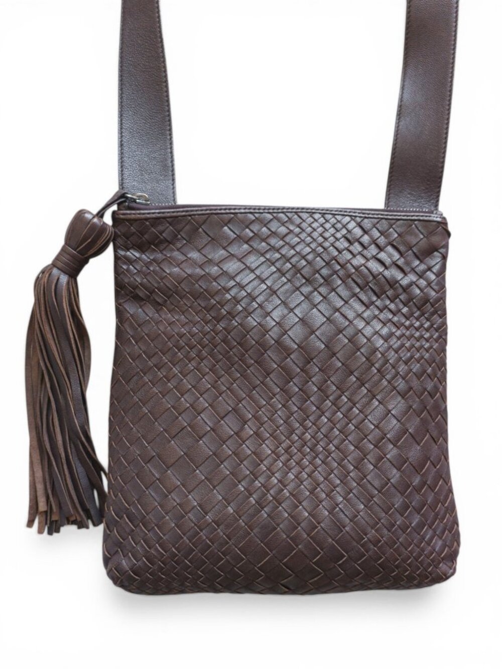 Jennifer Tattanelli Kim Woven Nappa Leather Crossbody, Dark Brown, Italy